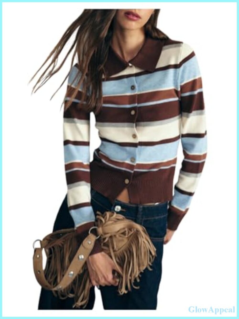 Striped Color Block Collared Cardigan | Button Up Knit Long Sleeve Preppy